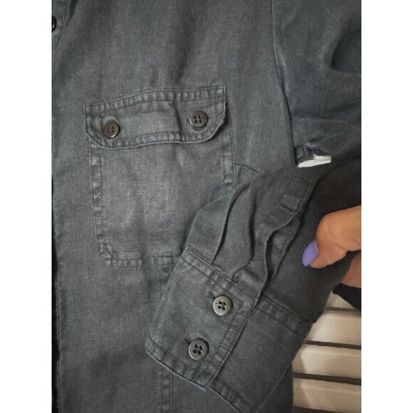 Womens French 100% Linen Navy Blue Roll Tab Sleeve Tunic Shirt Jacket Size Small - Picture 8 of 13